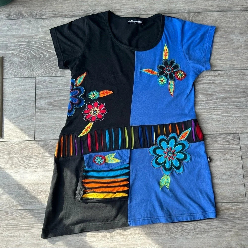 Leopards & Roses Embroidered Patchwork Asymmetrical Hem Tunics - Picture 4 of 15